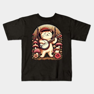 Cute Cottagecore Aesthetic Cat Playing Banjo Mushroom Kids T-Shirt